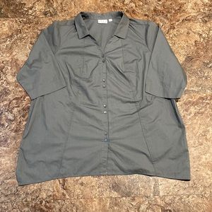 3/$16 Joan Rivers Top 2X Collar Button Down 3/4 Sleeves Gray Cotton Polyester